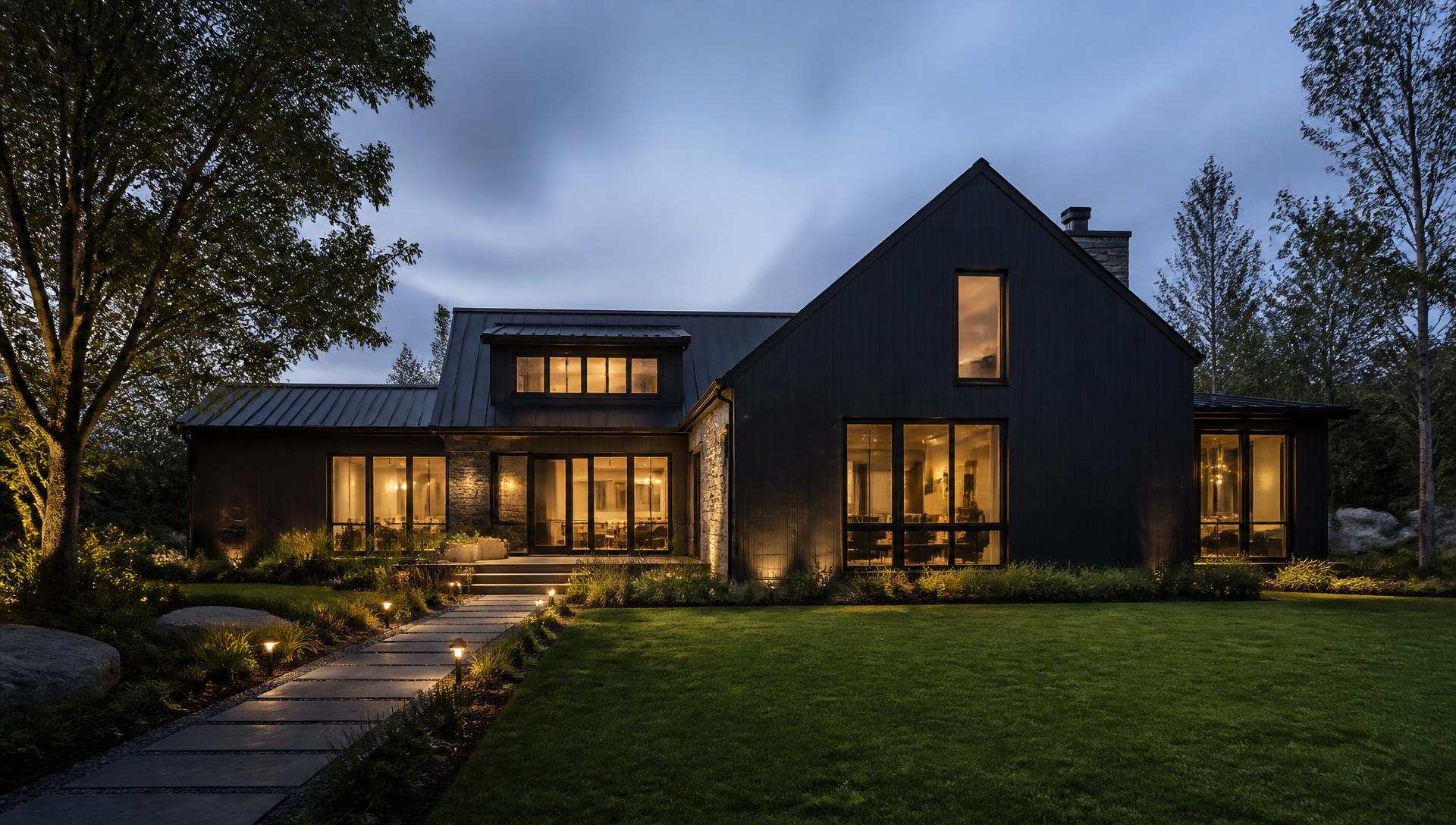 Modern home with a freshly landscaped, well-kept lawn at twilight