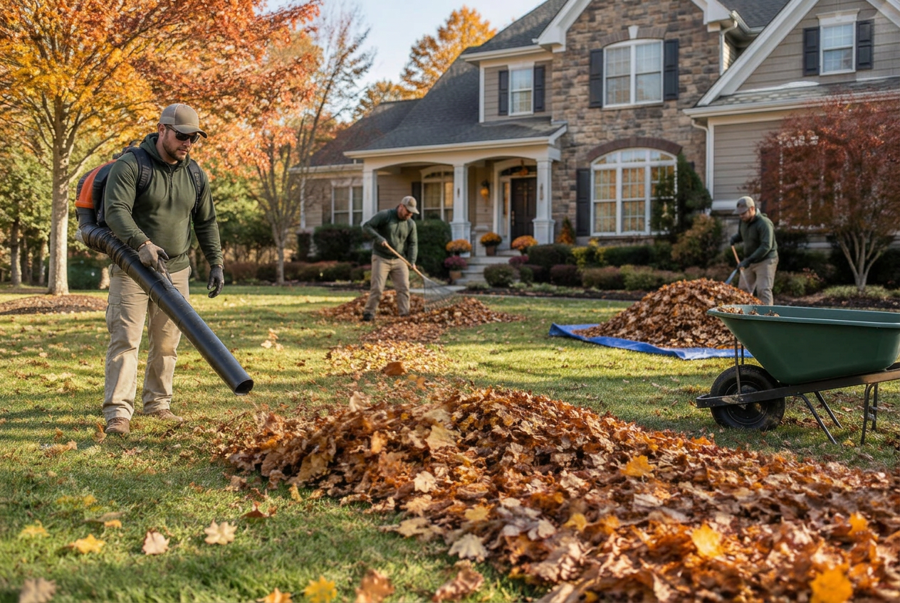 Crew clearing leaves and cleaning out garden beds on a residential property